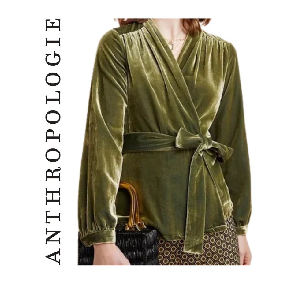 Anthropologie Olive Green Velvet Wrap Blouse